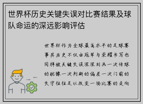世界杯历史关键失误对比赛结果及球队命运的深远影响评估