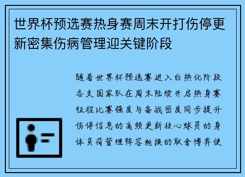世界杯预选赛热身赛周末开打伤停更新密集伤病管理迎关键阶段