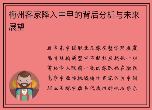 梅州客家降入中甲的背后分析与未来展望